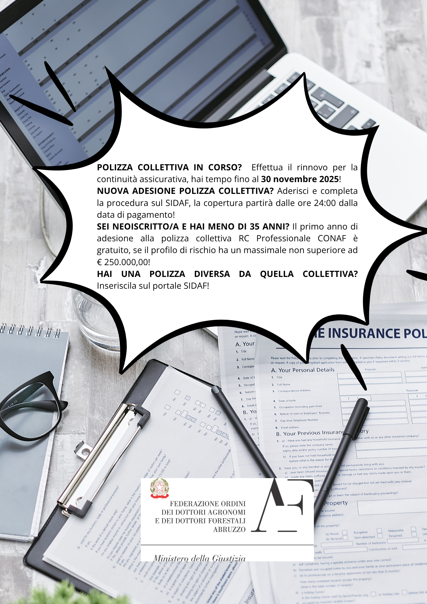 Polizza collettiva ad adesione per la copertura dei rischi professionali contratta dal CONAF con la società XL INSURANCE COMPANY SE per il periodo 14/10/2025 – 14/10/2026: avvio delle proposte di adesione.